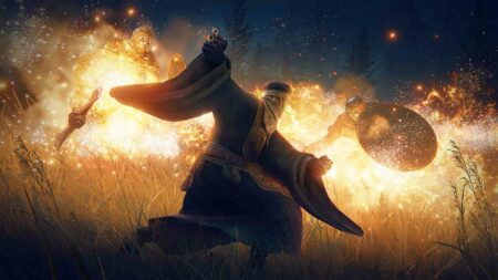 Sorcerer in Elden Ring Shadow of the Erdtree casting a fire spell on enemies official screenshot