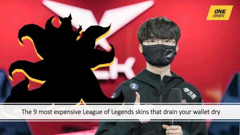 T1 Faker posa con los pulgares hacia arriba junto a la silueta de Ahri en la imagen destacada de ONE Esports para el artículo. "Los 9 aspectos de League of Legends más caros que vaciarán tu billetera"