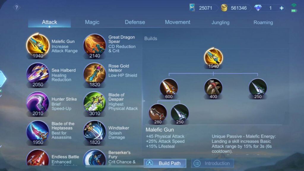 Mobile Legends: Bang Bang Physical Attack item Malefic Gun build path