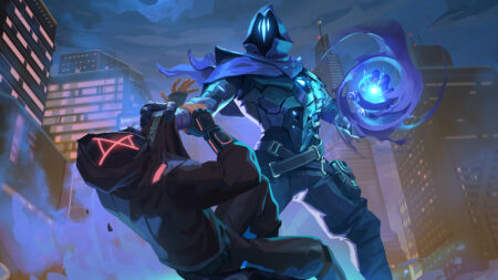 Riot Games' official teaser image featuring Omen throwing an enemy off Abyss's borderless map