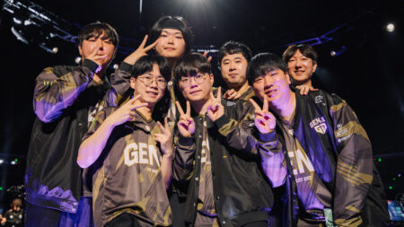 Gen.G Esports pose on stage after victory against G2 Esports during the VALORANT Masters Shanghai Playoffs Stage Day 6 at the Mercedez Benz Arena on June 07, 2024 in Shanghai, China