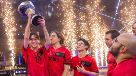 Sentinels celebrate onstage with trophy after victory at VALORANT Masters Madrid Grand Finals at the Madrid Arena on March 24, 2024 in Madrid, Spain