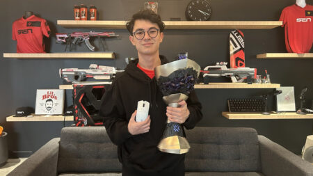 Sentinels Valorant star Zachary "zekken" Patrone seen holding the Razer Viper V3 Pro and the Masters Madrid trophy