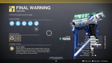 Destiny 2 Final Warning catalyst sidearm
