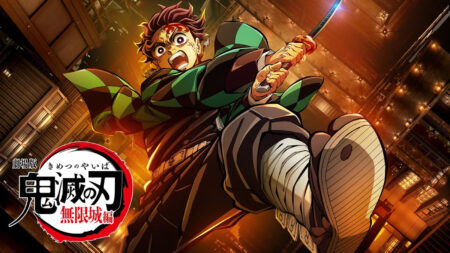 Demon Slayer movie trilogy official poster image showing Tanjiro Kamado falling into the Infinity Castle