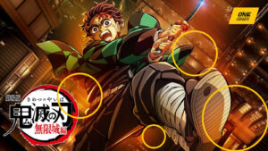 Demon Slayer movie trilogy official poster image showing Tanjiro Kamado falling into the Infinity Castle with yellow circles highlighting the background color