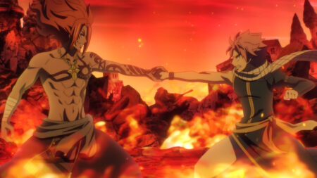 Fairy Tail 100 Years Quest main character Natsu Dragneel fighting a god in season 1 episode 1