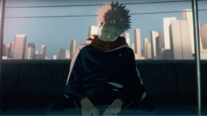 Jujutsu Kaisen main character Yuji Itadori shown sleeping in a train in the opening of season 1 of the anime