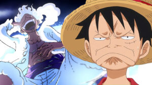 Laughing Luffy in Gear 5 on the left and grumpy Luffy on the right in a One Piece image