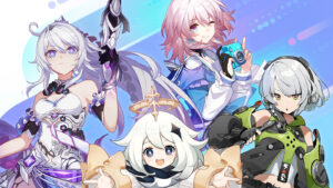 Characters from HoYoverse games featuring Honkai Impact 3rd's Kiana Kaslana, Genshin Impact's Paimon, Zenless Zone Zero's Anby Demara, and Honkai Star Rail's March 7th