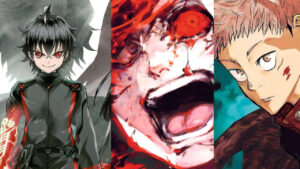 Manga cover art from Jujutsu Kaisen, Tokyo Ghoul, and Twin Star Exorcists