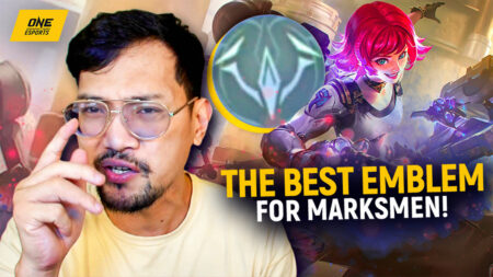 Mobile Legends: Bang Bang emblem War Cry with marksman hero Beatrix in ONE Esports' image for Samsung Weekly Video featuring Caisam "Wolf" Nopueto