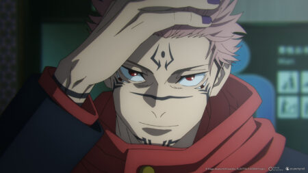 Jujutsu Kaisen main antagonist Ryomen Sukuna seen in Yuji Itadori's body during the Shibuya Incident arc in season 2 of the anime