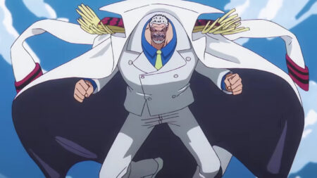 Vice Admiral Garp floating in One Piece episode 1114 "For the Beloved Pupil - The Fist of Vice Admiral Garp!"