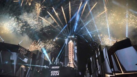 Esports World Cup trophy showcased during the EWC 2024 opening ceremony with a backdrop of fireworks