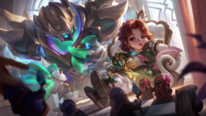 Battle Princess Annie lounges in a throne while Tibbers pours her some tea. In the foreground, there is a large chessboard with minions as the pieces.