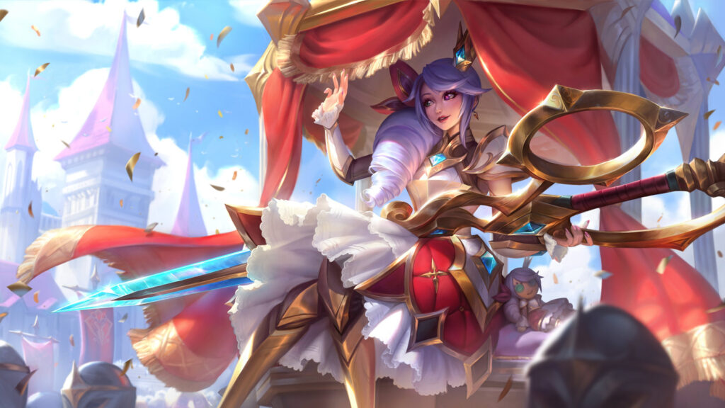League of Legends patch 25.12 targets multiple junglers and top laners in preparation for MSI Battle Queen Gwen sits atop a cushioned pedestal waving to her subjects. Her scissors rest across her lap. In the background is a large castle.
