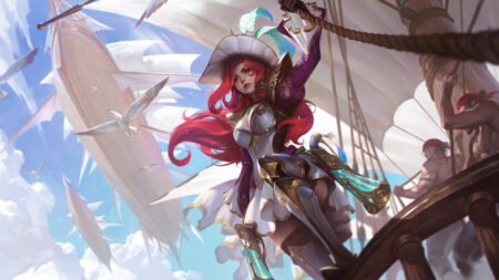 Battle Queen Miss Fortune stands aboard an airship while some crew members work in the background. Birds and other airships fly above her.