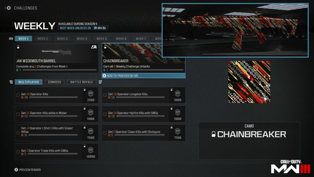 Weekly Challenge Mastery Reward: Chainbreaker Camouflage in Modern Warfare 3 and Warzone Season 5