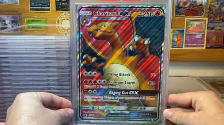 Large Charizard GX Pokemon card inside a card sleeve