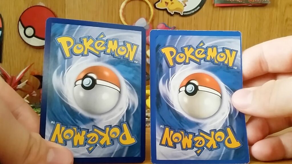 Back of an authentic Pokemon card (left) and a fake Pokemon card (right)