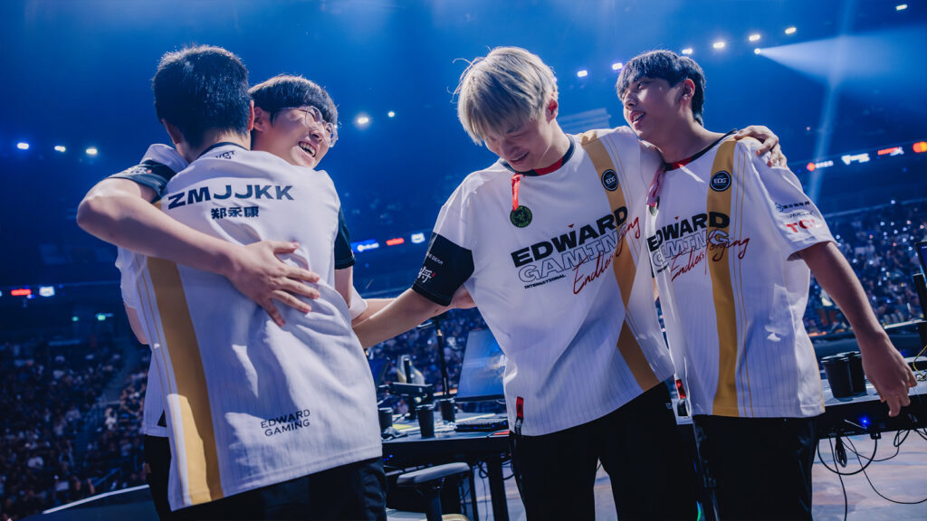 Edward Gaming is seen on stage after defeating Leviatán during the VALORANT Champions Seoul Playoffs Stage at INSPIRE Arena on August 23, 2024 in Seoul, Korea