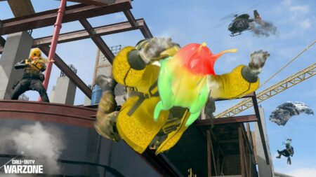 Slime operator jumping off a ship to escape from enemy in Warzone Rebirth Island