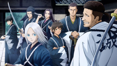 Blue Wolves of Mibu poster featuring the series' main characters Nio Chirinu, Toshizo Hijikata, Nikishi Niimi, Genzaburo Inoue