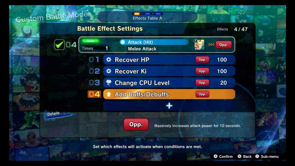 Dragon Ball Sparking Zero Official Screenshot of Custom Battle Effects Settings