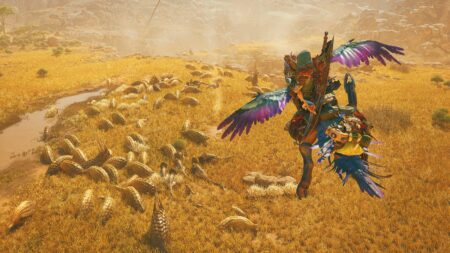 The hunter riding a Seikret in Monster Hunter Wilds