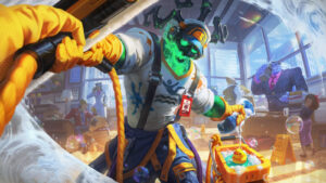 Janitor Thresh wipes the window of an office building, holding a sponge in one hand and a soapy bucket of water in the other. He wears a hat, headphones, a white t-shirt, and blue work pants. In the background, Corporate Mundo takes a phone call while Primetime Draven holds a tennis ball over Pug'Maw.