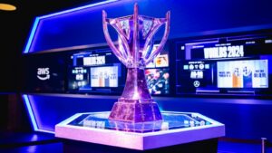 The trophy on Display at the League of Legends World Championship 2024 Play-Ins Stage on September 25, 2024 in Berlin, Germany.