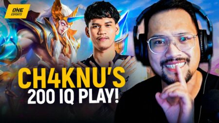 Joshua "Ch4knu" Mangilog and Mobile Legends hero Hylos in ONE Esports' image for Samsung Weekly Video with Caisam "Wolf" Nopeuto as presenter