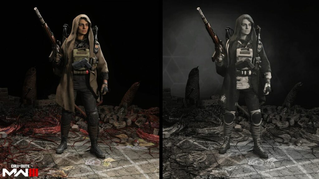 Preview of Farah Mountaineer operator skin and its BlackCell variant from Modern Warfare 3 and Warzone Season 6 Battle Pass