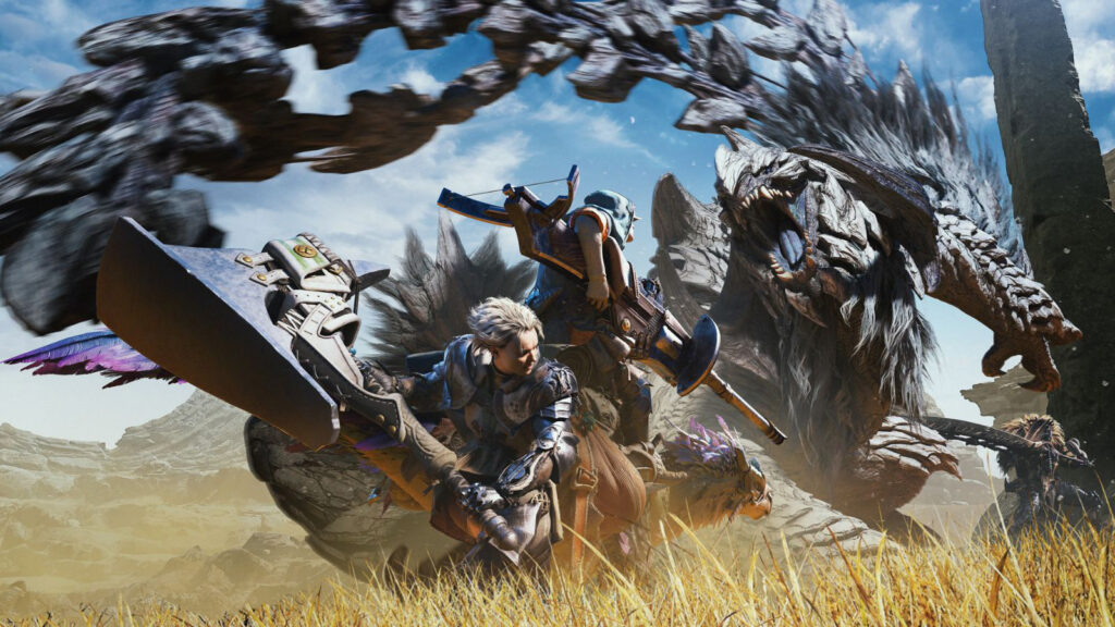 Arte clave de Monster Hunter Wilds que representa a los cazadores luchando contra Arkveld