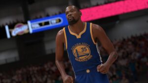 Kevin Durant wearing his Golden State Warriors jersey in NBA 2K25