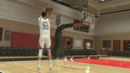 Stephen Curry shooting a three-point shot in NBA 2K25