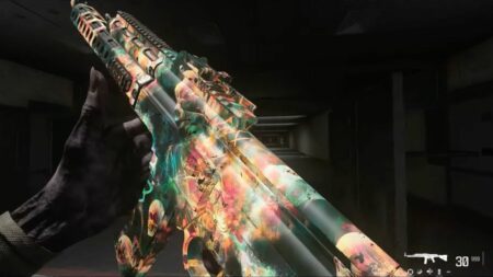 Assault rifle with The Fallout camo equipped on Firing Range in Warzone