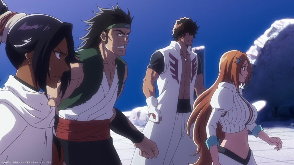 Los personajes de Bleach Thousand Year Blood War, Orihime Inoue, Yasutora Sado y Yoruichi Shihouin, vistos en la parte 3, episodio 1