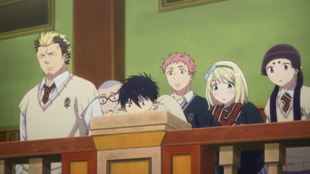 Blue Exorcist Beyond the Snow Saga characters Izumo Kamiki, Konekomaru Miwa, Renzo Shima, Rin Okumura, Ryuji Suguro, and Shiemi Moriyama