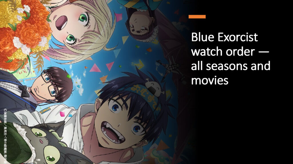 Imagen especial de Blue Exorcist Shimane Illuminati Saga con Rin Okumura, Yukio Okumura, Izumo Kamiki, Konekomaru Miwa, Renzo Shima, Ryuji Suguro y Shiemi Moriyama en ONE Esports imagen destacada para el artículo "Orden de visualización de Blue Exorcist: todas las temporadas y películas"