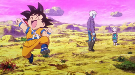 Dragon Ball Daima trailer screencap featuring Goku, Glorio, and Supreme Kai