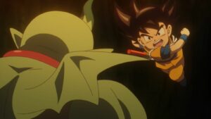 Dragon Ball Daima main character Goku seen fighting a Demon Realm thug in episode 3 of the anime