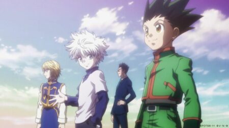 Hunter x Hunter shot showing main characters Gon Freecss, Killua Zoldyck, Kurapika, and Leorio Paradinight from the 2011 anime