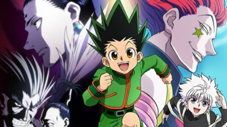 Hunter x Hunter key art showing main characters Gon Freecss, Killua Zoldyck, Hisoka, and the Phantom Troupe