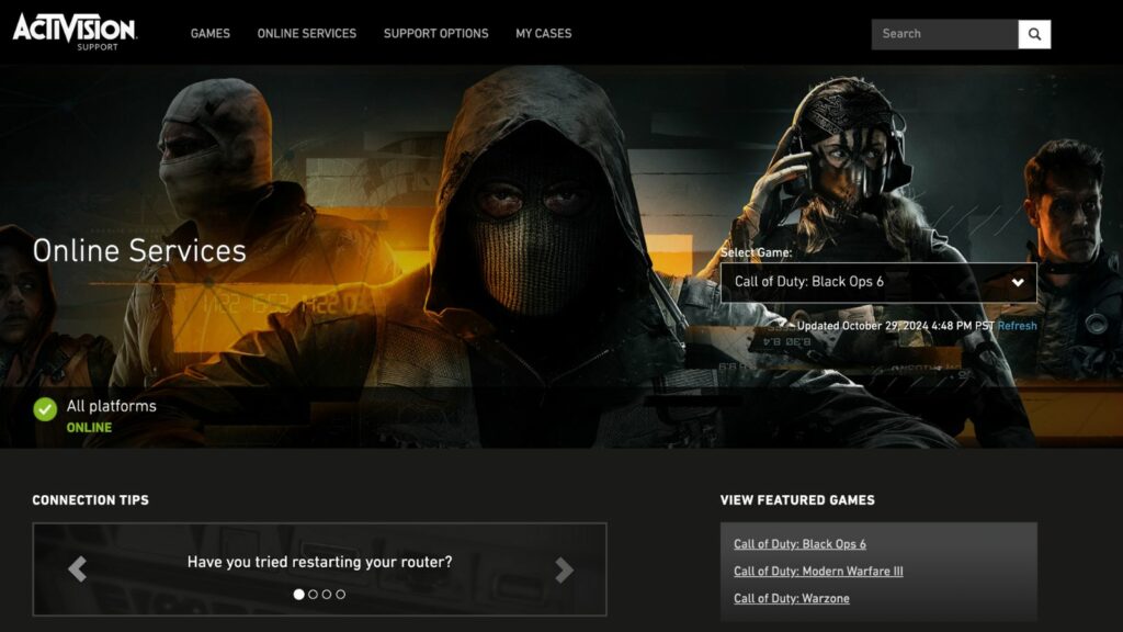 Statut du serveur Black Ops 6 disponible pour vérification sur la page Activision Online Services