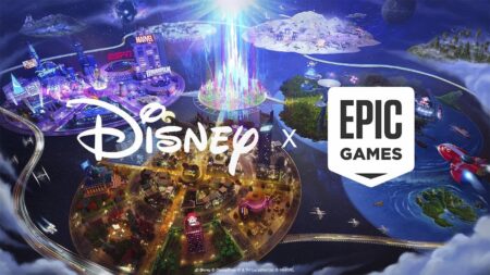 Epic Games Fortnite Disney collaboration key image featuring Disneyland and Fortnite map