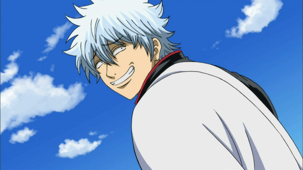 Gintoki from Gintama smiling under a blue sky