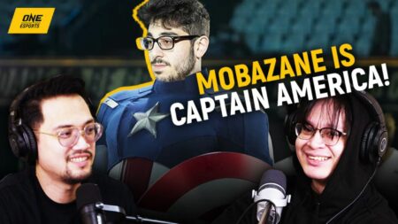 Mobile Legends professional player Michael "MobaZane" Cosgun dressed as Captain America in ONE Esports' image for Samsung weekly video featuring Caisam "Wolf" Nopueto and Neil "Midnight" De Guzman