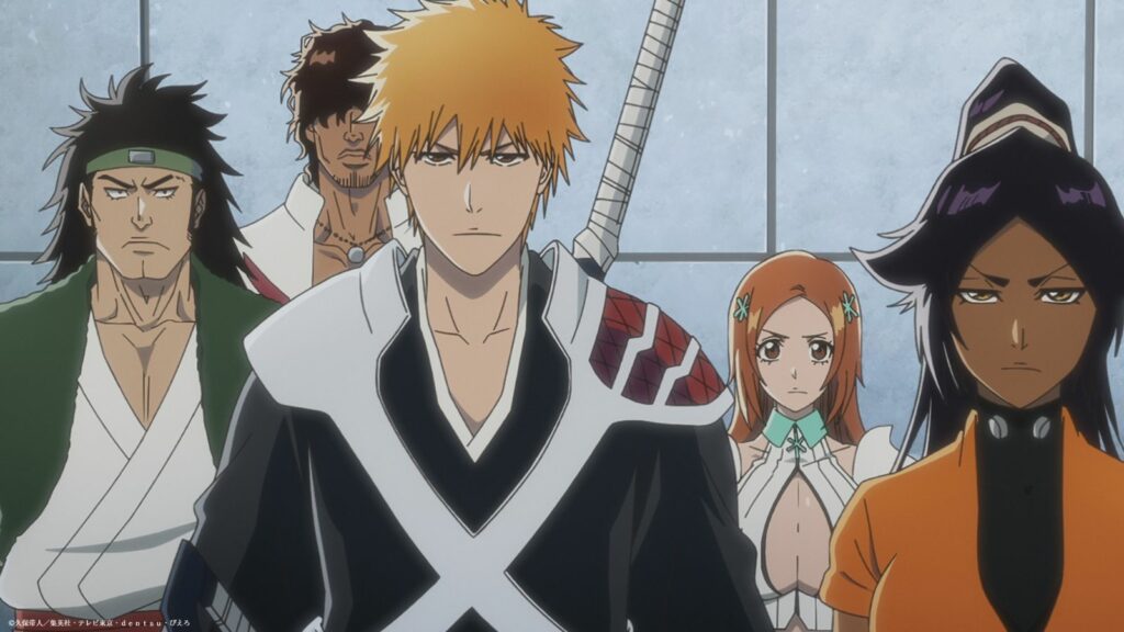 Los personajes de Bleach Thousand Year Blood War, Orihime Inoue, Yasutora Sado y Yoruichi Shihouin vistos en la parte 3, episodio 6